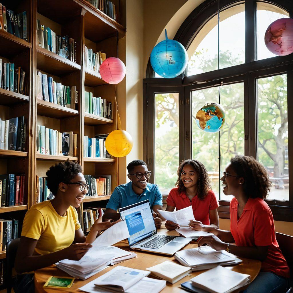 A diverse group of enthusiastic students joyfully exploring a library filled with open books and laptops, with colorful scholarship flyers cascading around them. A large globe and stacks of financial aid documents are prominently featured, symbolizing global opportunities and financial literacy. Bright sunlight streams through the windows, casting an uplifting atmosphere that inspires hope and aspiration. super-realistic. vibrant colors. 3D.