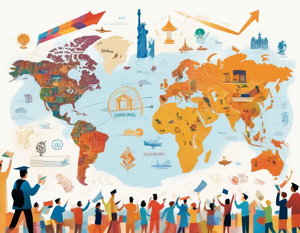 A vibrant illustration depicting a diverse group of students joyfully exploring a world map filled with symbols of scholarships and grants, such as dollar signs, graduation caps, and books. The background features iconic landmarks from different countries suggesting global opportunities. Include colorful arrows leading towards open doors labeled with various funding options. Use a blend of bright colors to evoke a sense of hope and excitement. vector art. vibrant colors. white background.