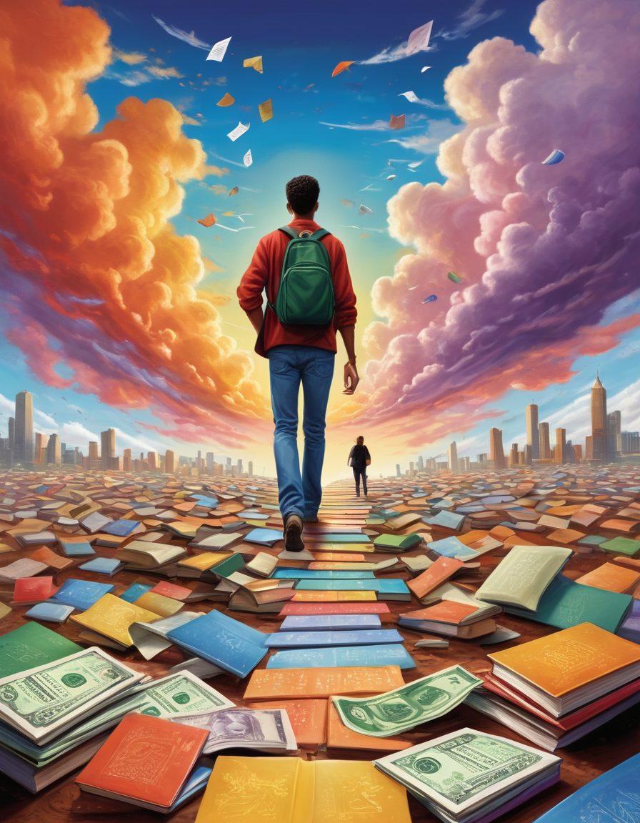An illustration of a student standing on a pathway lined with books and financial tools, like calculators and laptops, leading towards a bright horizon symbolizing success. Vivid colors represent growth and optimism, with clouds shaped like money symbols in the sky. Include diverse students collaborating in the background to reflect teamwork. painting. vibrant colors. inspiring atmosphere.